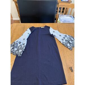 LOFT Shift Dress Embroidered Bell Sleeve Cotton Navy Knee Length Large Women